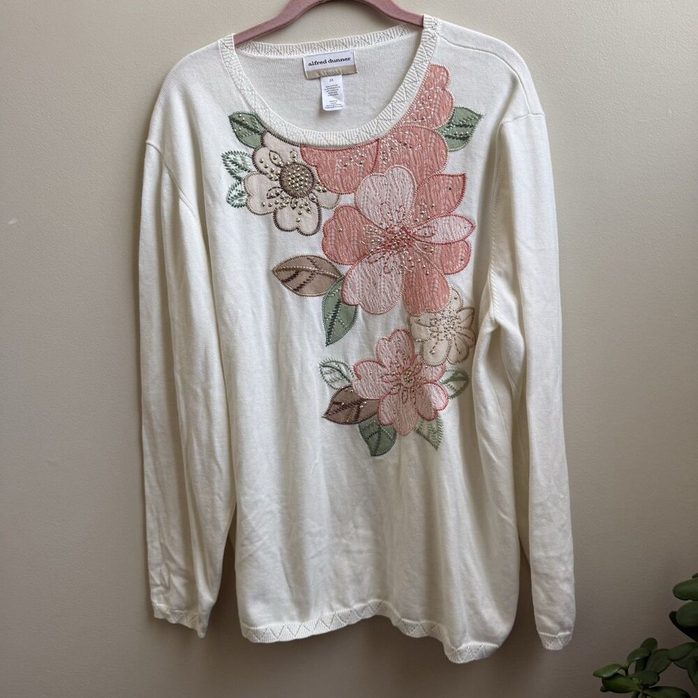 Alfred Dunner Women’s 2X Ivory Floral Embellished Knit Sweater Pink Beaded Crew